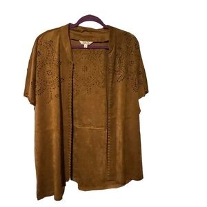 Krazy Kat Cardigan Sz XL Brown Faux Suede Laser Cut Southwestern Design